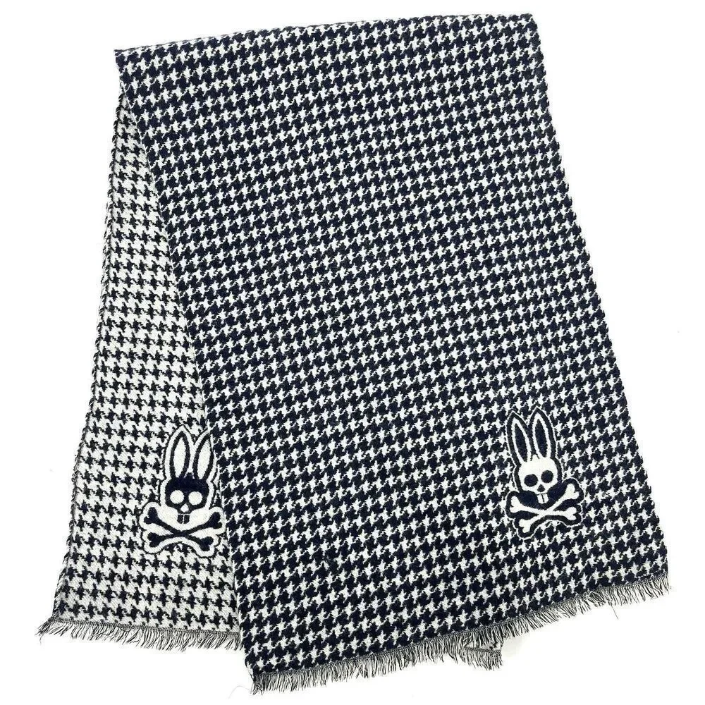 Psycho Bunny Scarf Navy Houndstooth Check Wool Italy Made 70
